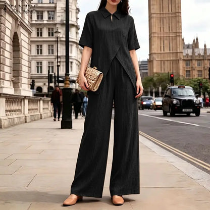 ZANZEA Fashion Summer 2 Pieces Sets 2PCS Short Sleeve Blouse Trousers Suit Women Outfits Asymmetrical Hem Tops OL Work Pant Sets