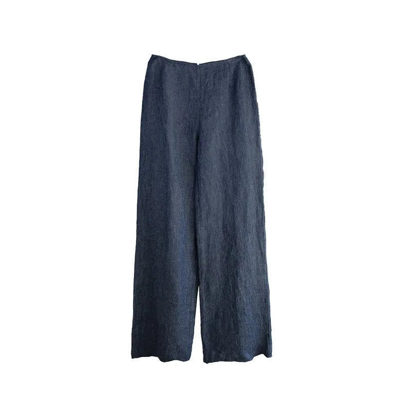 Vintage Pure Linen Long Pant for Women Fashion Casual Loose Spring and Summer Wide-leg Pants Streetwear Office Ladies Trousers
