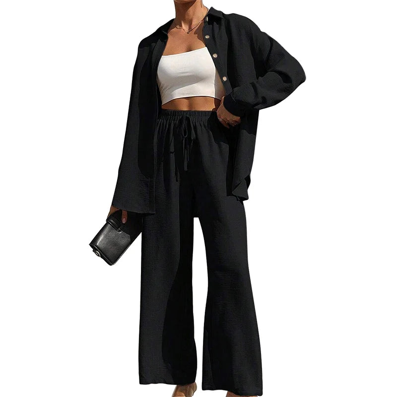 Women's Solid Button Front Shirt & Tie Front Wide Leg Pants Two-piece Set, Casual Drop Shoulder Long Sleeve Blouse Top & Trouser