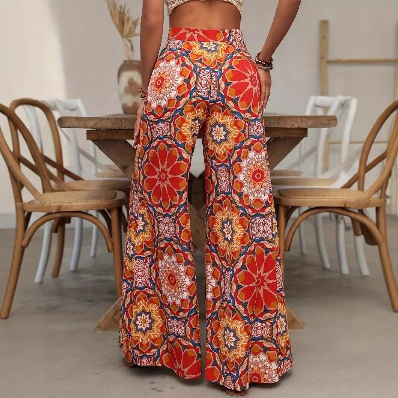 Women High Waist Boho Floral Wide Leg Pants Casual Loose Palazzo Trousers Summer Beach Vacation Pants