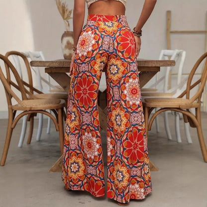 Women High Waist Boho Floral Wide Leg Pants Casual Loose Palazzo Trousers Summer Beach Vacation Pants