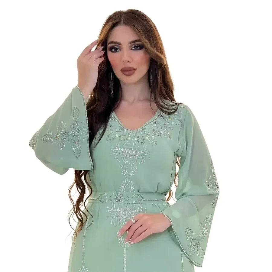 Customized Eid Jalabiya Muslim Abaya Party Dress for Women Arab Diamond Lace-up Abayas Long Dresses Robe Woman Elegant Ramadan V