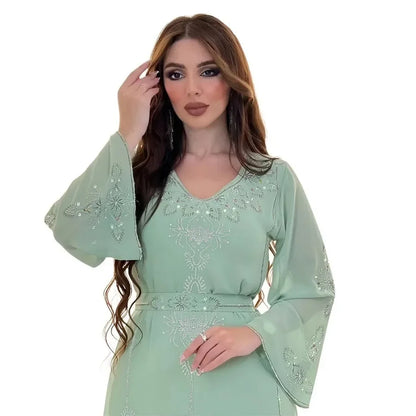 Customized Eid Jalabiya Muslim Abaya Party Dress for Women Arab Diamond Lace-up Abayas Long Dresses Robe Woman Elegant Ramadan V