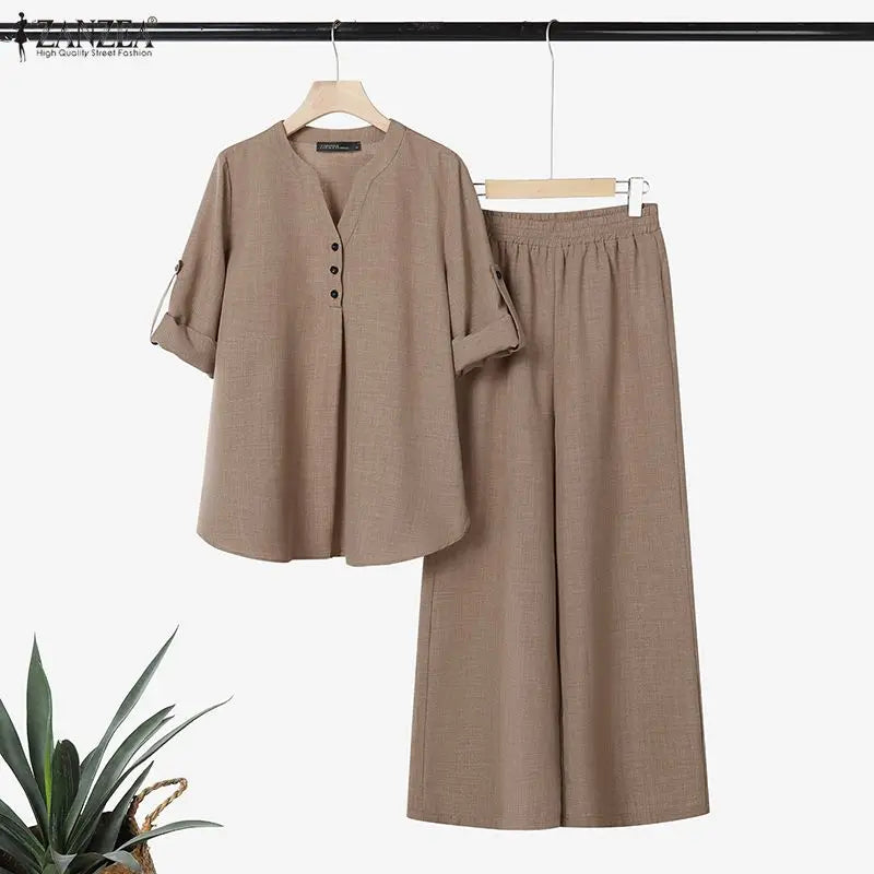 Women's Loose Pant Suits Half-Button Long Sleeve Blouse & Wide Leg Pant 2 Piece Sets ZANZEA Summer Daily Casual Pant Sets Outfit