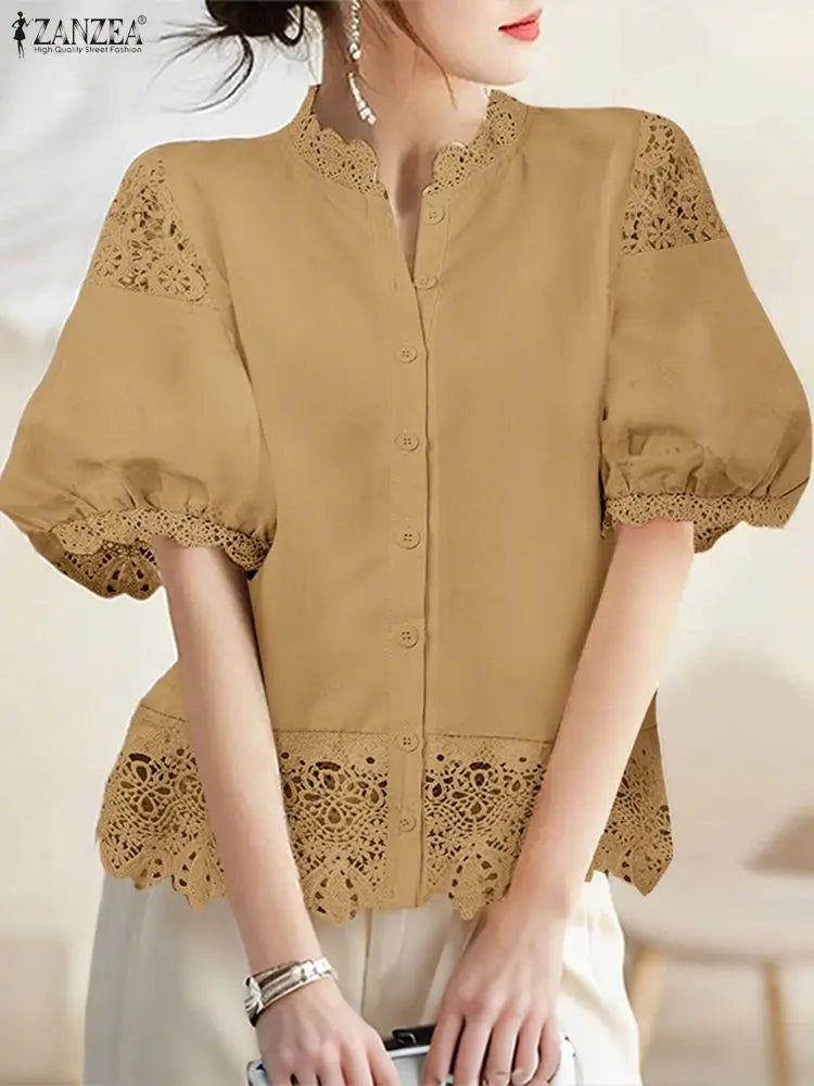 ZANZEA Women's Elegant Lace Patchwork Shirts O-Neck Half Lantern Sleeve Button Up Blouses 2025 Autumn Solid Color Woman Clothing