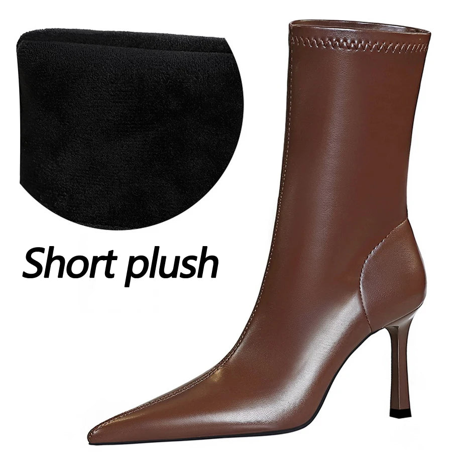 BIGTREE Shoes Ladies' Leather Boots Pointed End Women Ankle Boots Stiletto Heels Ladies Shoes Autumn Winter Shoes Short Boots