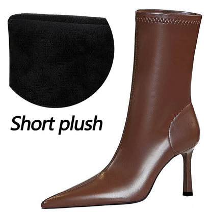 BIGTREE Shoes Ladies' Leather Boots Pointed End Women Ankle Boots Stiletto Heels Ladies Shoes Autumn Winter Shoes Short Boots