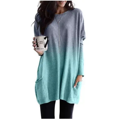 Women's Casual Long Sleeve T-Shirt with Pocket Gradient Color T-Shirt for Autumn And Winter Fashionable And Comfortable