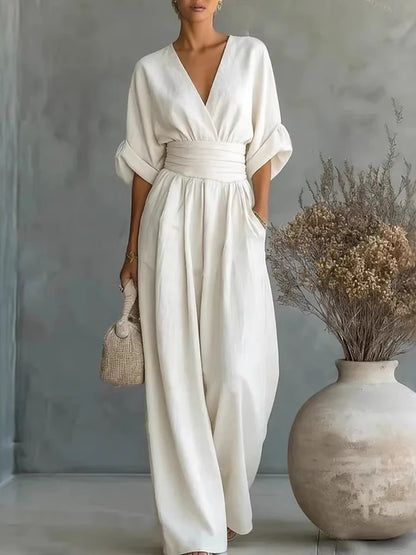 Women Elegant High Waist Jumpsuits Summer Short Sleeve Wide Leg Pants Romper Casual V Neck Solid Loose Jumpsuits Streetwear