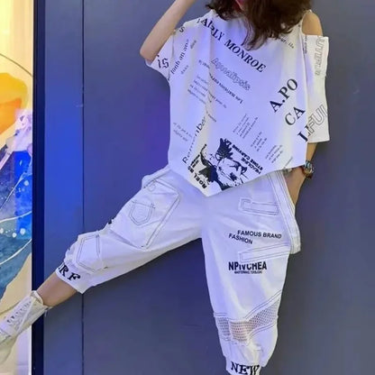 2 Pcs Women Summer Clothing Set Casual Batwing Sleeve Loose Tees Tops And Print Letters Harem Tracksuits Pants Suits