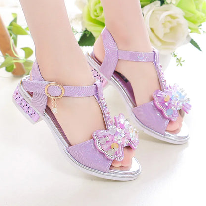 2026 Summer Children Princess Sandals Kids Girls Wedding Shoes High Heels Dress Shoes Bowtie Purple Pink White Shoes For Girls