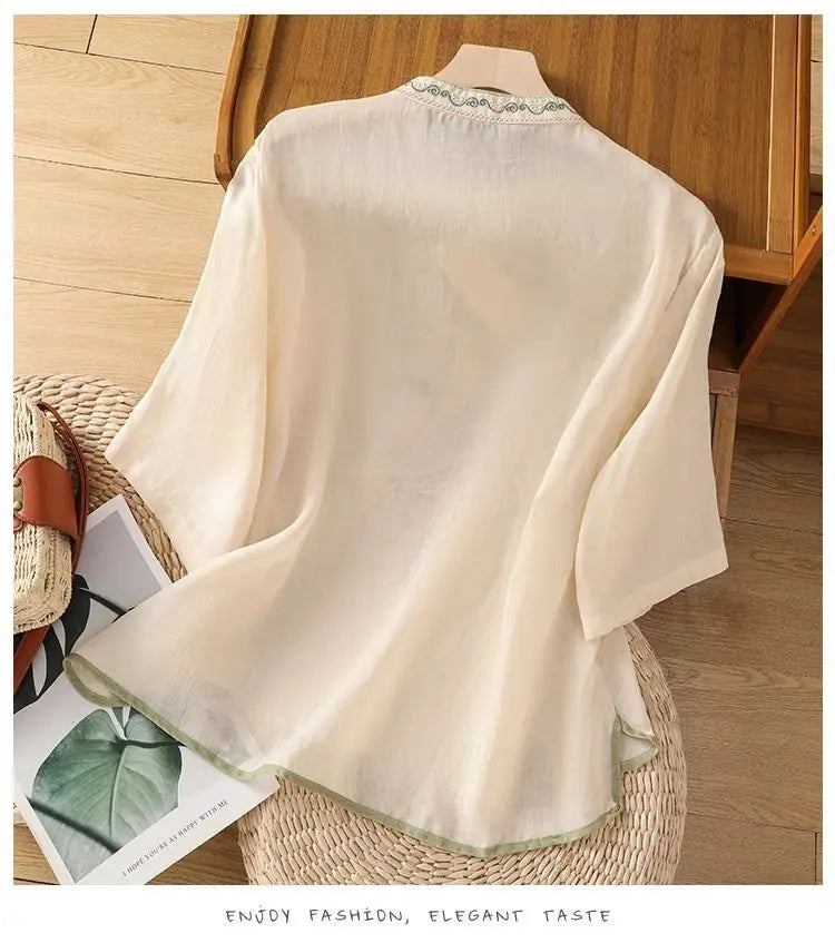 Casual Loose Blouse Shirt Women Clothes Summer Cotton Linen Ladies Tops Tee Blusas Vintage Embroidery Woman Shirt Camiseta Mujer