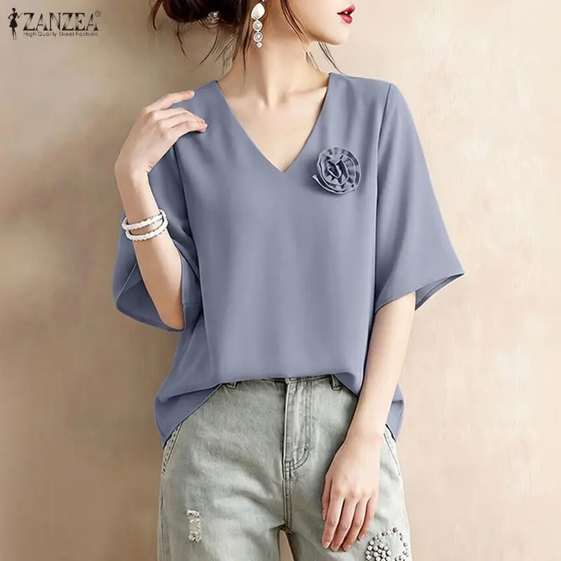 ZANZEA Elegant Fabric Flower Blouses Women V-Neck Half Bell Sleeves Solid Color Loose Tops Summer Daily Casual Blusas de Mujer