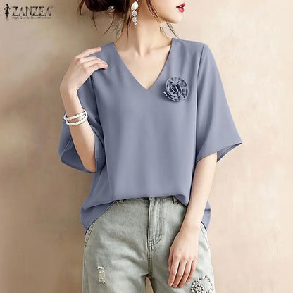 ZANZEA Elegant Fabric Flower Blouses Women V-Neck Half Bell Sleeves Solid Color Loose Tops Summer Daily Casual Blusas de Mujer