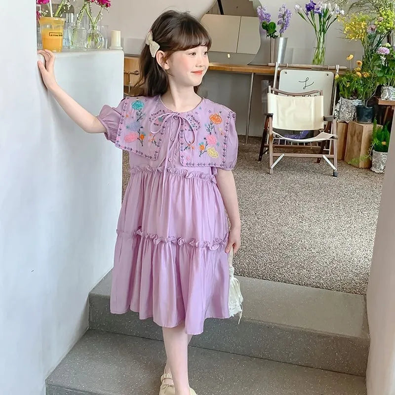 Princess Dress with Puff Sleeves Children Kids Dresses for Girls Summer Suit Girl Fashion Clothes 8 10 Years 12 14 Old Pink Sets