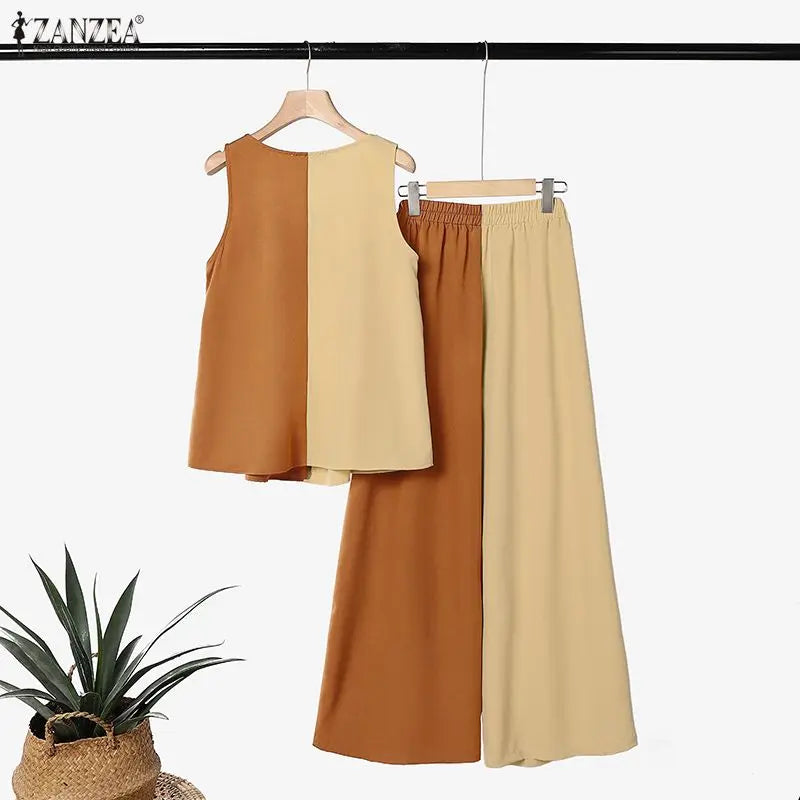 ZANZEA Women Streetwear 2 Piece Pant Sets Color-Blocked Tank Tops & Wide Leg Pants 2pcs Suits 2026 Summer Casual Chic Outfits