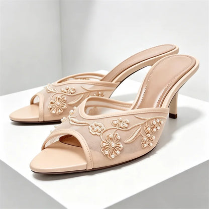 Summer Mesh Embroidery Brown Slippers Women Sexy Peep Toe Heeled Sandals for Ladies Elegant String Bead Decorative Designer Shoe
