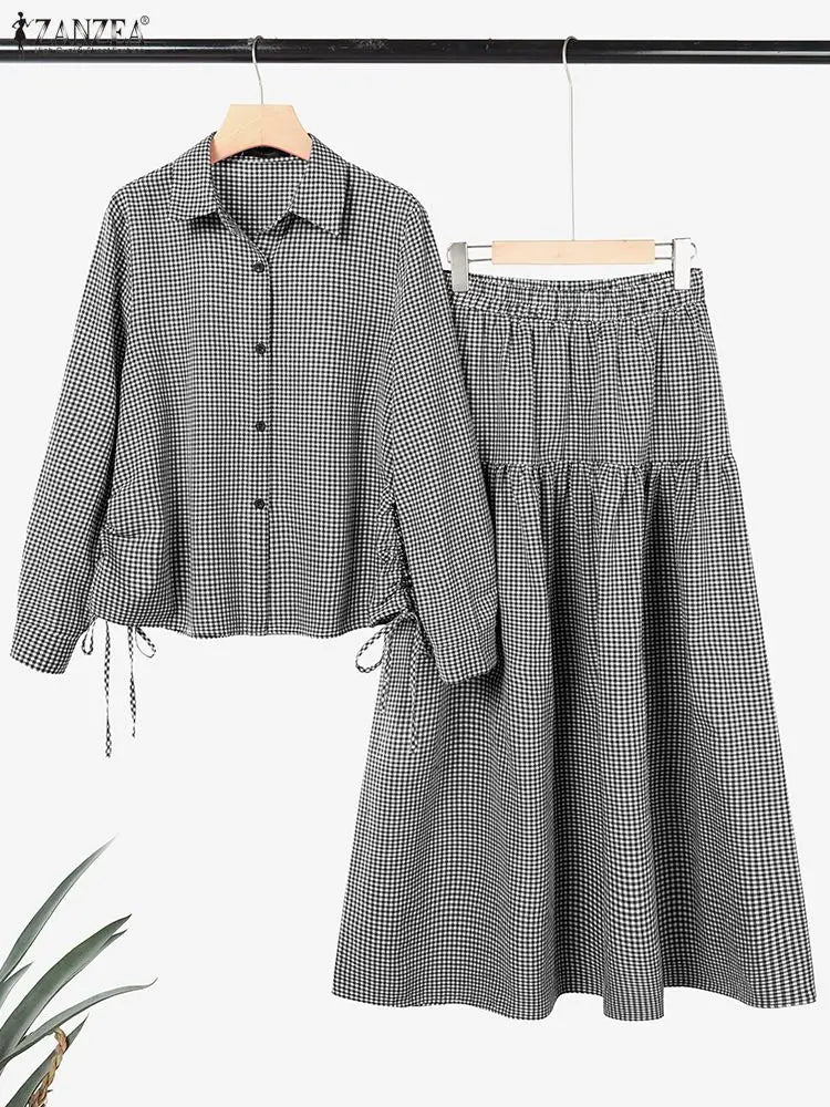 2026 ZANZEA Summer Women Long Sleeve Shirt Dress Sets Muslim 2 Piece Sets Hijab Outfits Casual Striped Work Skirt Suit Ramadan