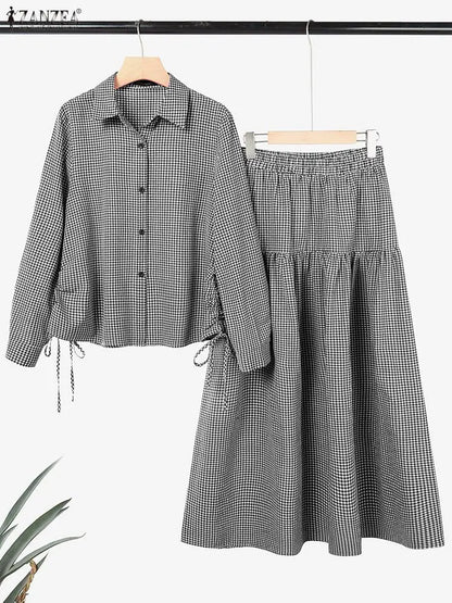 2026 ZANZEA Summer Women Long Sleeve Shirt Dress Sets Muslim 2 Piece Sets Hijab Outfits Casual Striped Work Skirt Suit Ramadan