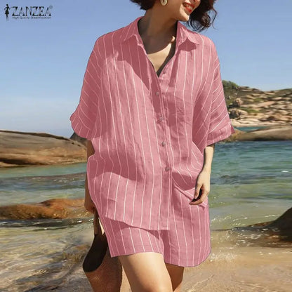2026 ZANZEA Summer Elegant Short Sleeve Lapel Neck Shirt Short Sets Casual Women 2 Pieces Sets Striped Holiday Outfits Tracksuit
