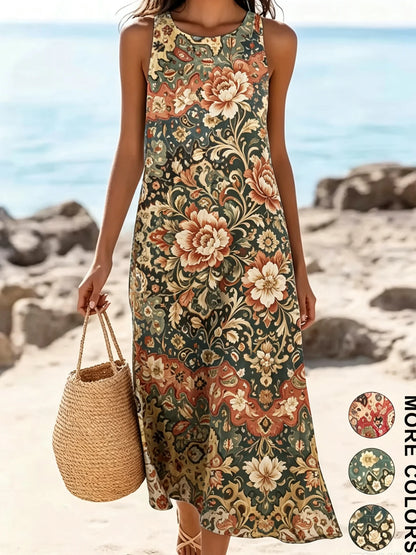 2026 Women's Sleeveless Bohemian Floral Casual Beach MIDI Sundress With Pockets Flowing and Loose Sweetheart Rustic Country