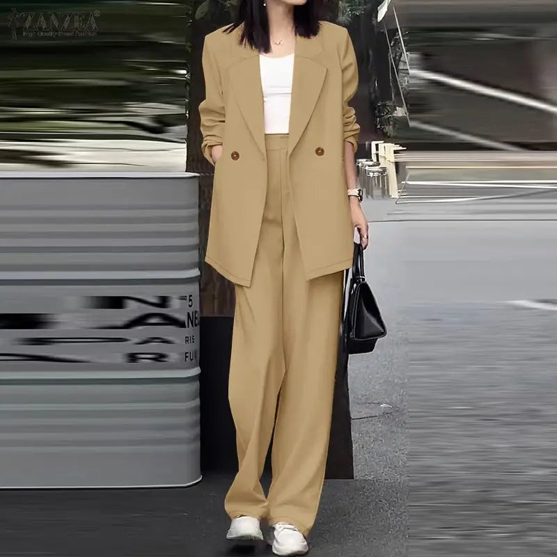 ZANZEA Women's Elegant Pant Suits Office Wear Long Sleeve Blazer and Wide Leg Pants 2 Piece Sets Woman Casual Lightweight Outfit