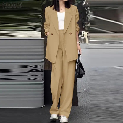 ZANZEA Women's Elegant Pant Suits Office Wear Long Sleeve Blazer and Wide Leg Pants 2 Piece Sets Woman Casual Lightweight Outfit