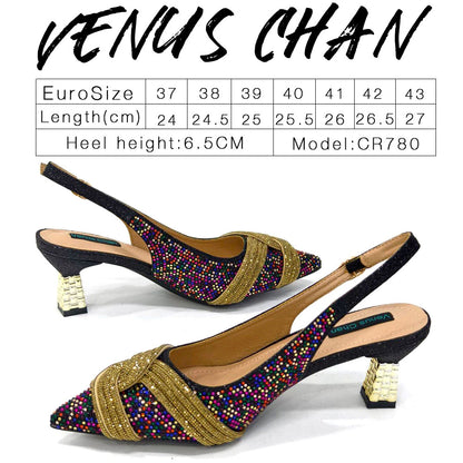 Venus Chan-Nigerian Heel Party for Women Shoes and Bag Set Champagne Colour Rhinestone Handbag Italian Design Wedding INS 2024