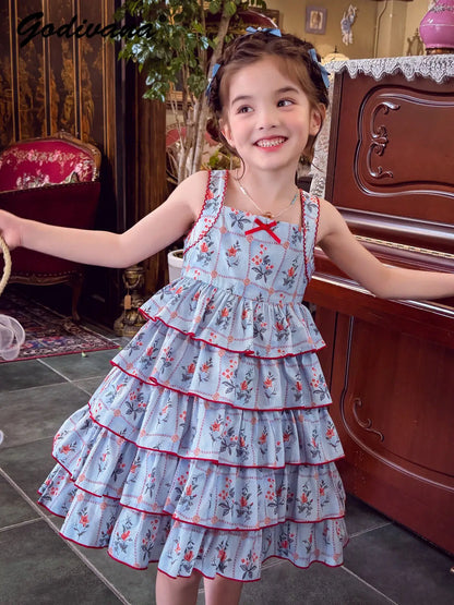 Sweet Baby Girls Cute Floral Casual Sundress New Summer 2026 Childrens Floral Cotton Lace Ruffle Trim High Waist Cake Slip Dress