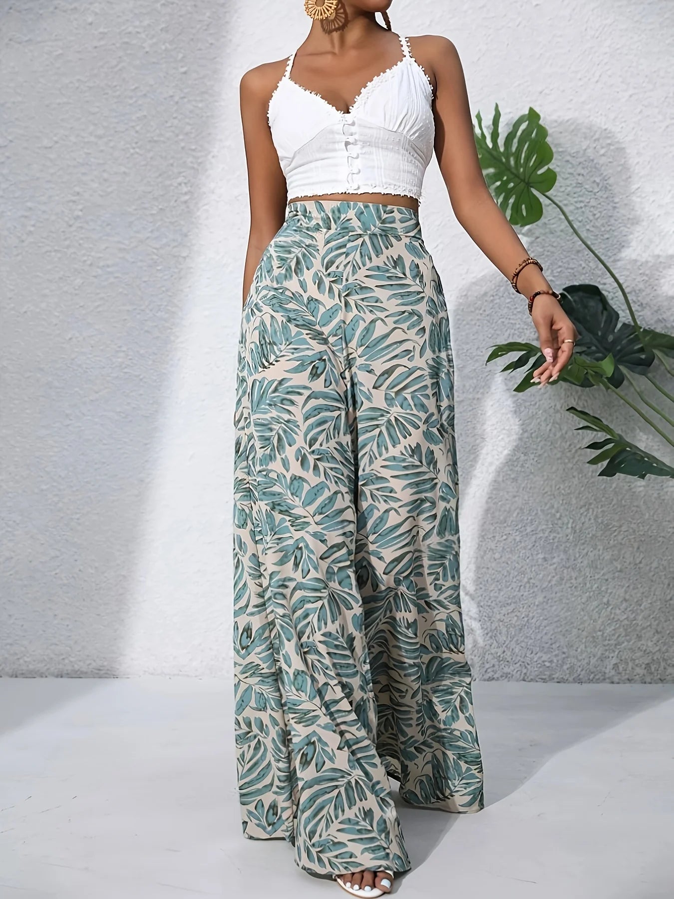 Women's Boho Print Chiffon Wide Leg Pants - High-Waisted Design, Summer Vacation Long Beach Pants, Casual Elegance Style