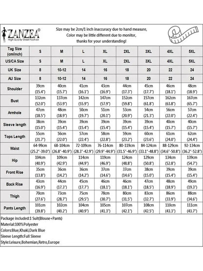 2025 ZANZEA 2-Piece Pant Sets for Woman Outfits, Long Sleeve Shirts and Tied-Waist Wide Leg Pants, Casual Loose Suits Workwear