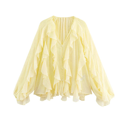 Women's Casual Ruffled Shirt Loose Lace Up Hollow Out V Neck Tops 2025 Spring Blouses Women Clothes