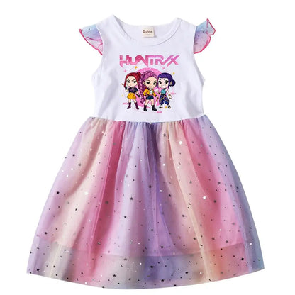 K-Pop Hunters Rumi Baby Girls Dress Children Cartoon Mesh Star Sequins Princess Dress Kids Flying Sleeve Skirt For Birthday Gift