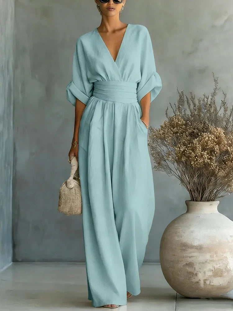 Women Elegant High Waist Jumpsuits Summer Short Sleeve Wide Leg Pants Romper Casual V Neck Solid Loose Jumpsuits Streetwear