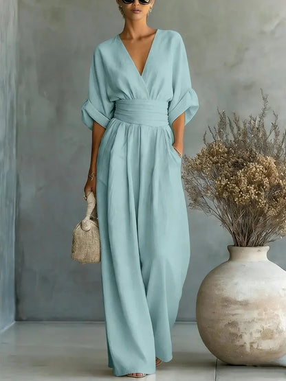 Women Elegant High Waist Jumpsuits Summer Short Sleeve Wide Leg Pants Romper Casual V Neck Solid Loose Jumpsuits Streetwear
