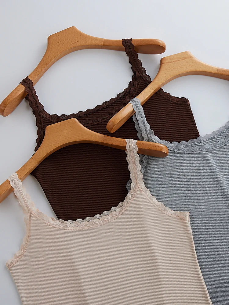 Summer Knitted Ribbed Camisole for Women with Lace Trim, Slim Fit, Suitable for Outerwear or as a Base Layer