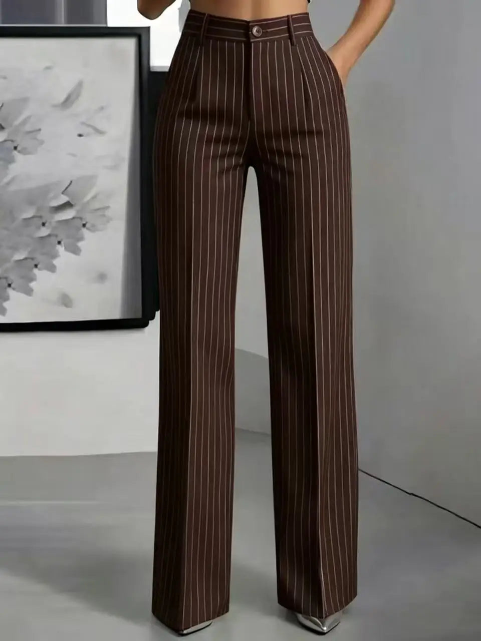 Women Striped Vintage Elastic Back Waist Suit Pants Draped Wide Leg Slacks Business Commute Casual Work Office Ladies Trousers