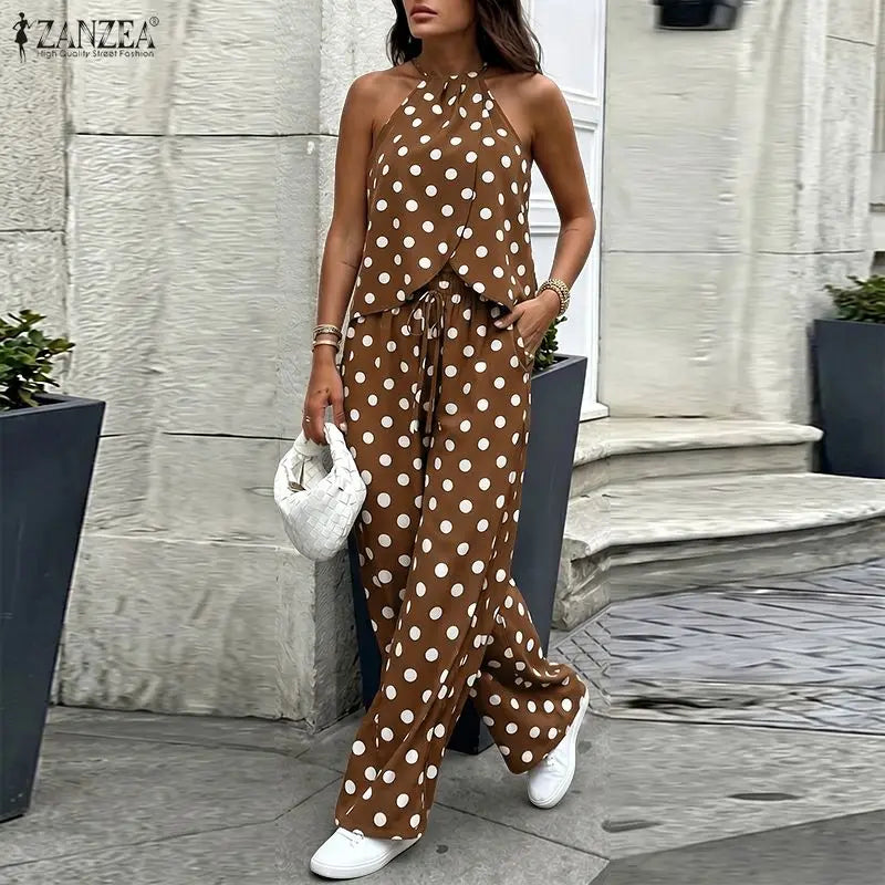 Stylish Women 2 Pieces Sets ZANZEA  Polka Dots Holiday Outfits Summer Halter Sleeveless Tanks Tops Beach Pant Sets Streetwear