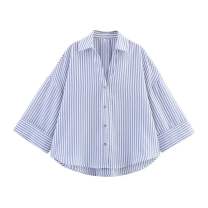 MUJER Striped Women's Shirt White Loose Casual Shirts for Women Summer Button up Shirts and Blouses Woman Wide Sleeve Ladies Top