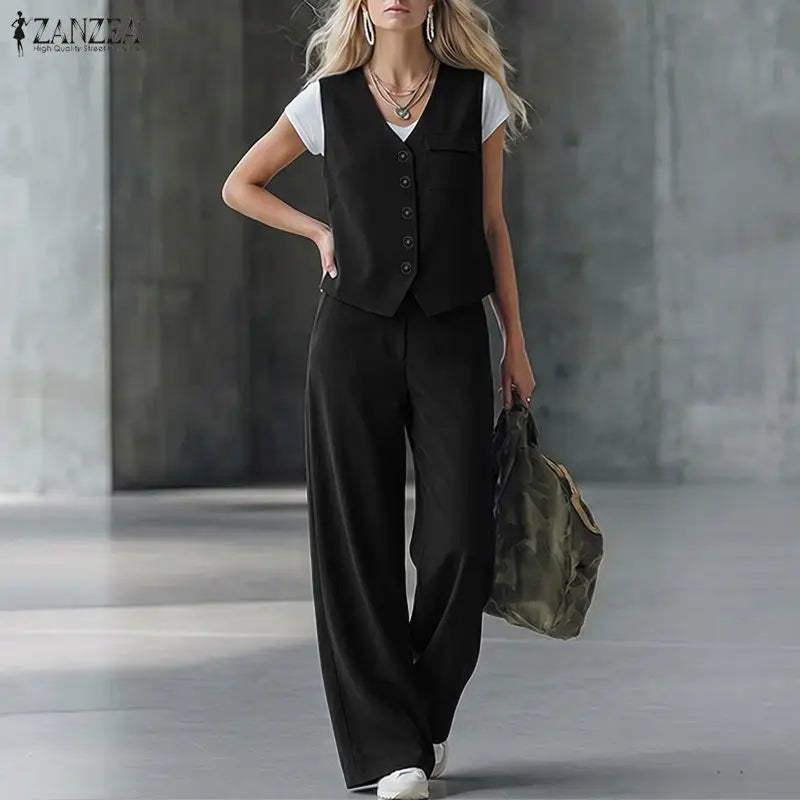 2026 ZANZEA Summer 2 Pieces Sets Women Outfits Tracksuit Elegant Sleeveless Vest Tops Trousers Suits Fashion OL Work Pants Sets