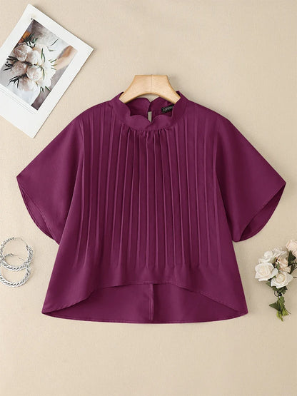 ZANZEA Elegant Pleated High-Low Blouses Womens 2025 Summer Casual Wavecut Stand Collar Short Sleeve Solid Color Tops Streetwear
