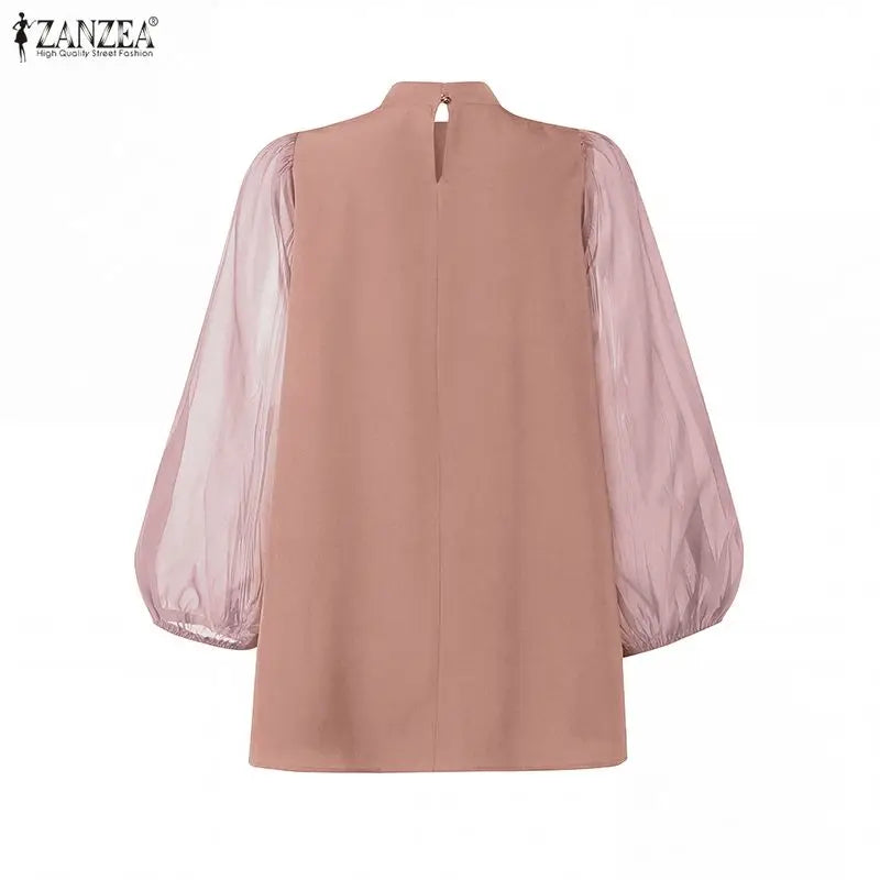 ZANZEA Women High-Low Blouses Summer Elegant Stand Collar Mesh Lantern Sleeves Solid Color Tops Day to Night Blusas de Mujer