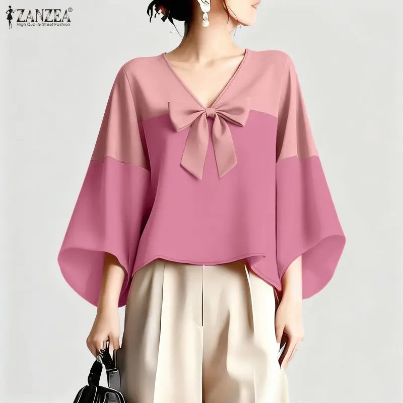ZANZEA Woman Elegant Chic Blouses Contrast-Color Bow Detail V-Neck 3/4 Bell Sleeves Pullover Tops Summer Casual Blusas de Mujer