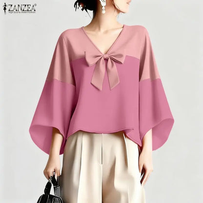 ZANZEA Woman Elegant Chic Blouses Contrast-Color Bow Detail V-Neck 3/4 Bell Sleeves Pullover Tops Summer Casual Blusas de Mujer