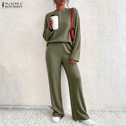 ZANZEA Women Ribbed Knit Pant Sets O-Neck Long Sleeve T-Shirt & Elastic Waist Pant 2 Piece Matching Sets Autumn Casual Co-ords