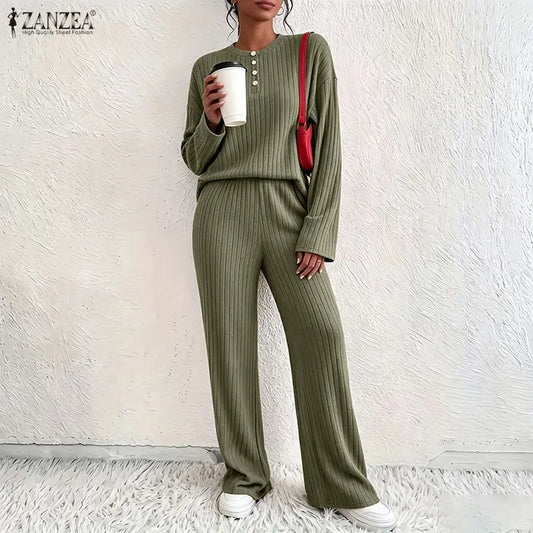 ZANZEA Women Ribbed Knit Pant Sets O-Neck Long Sleeve T-Shirt & Elastic Waist Pant 2 Piece Matching Sets Autumn Casual Co-ords
