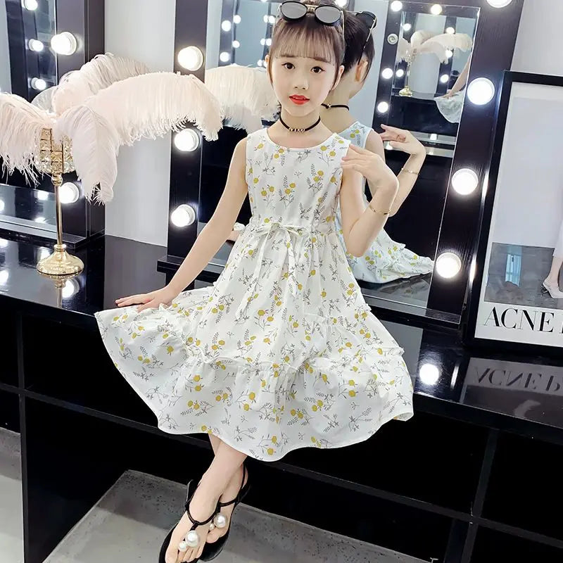 Floral Princess Dress with Waist Tie Trendy Tweens Girls Clothing Dresses 6 8 Years Frocks Kids Girly Clothes Skirt Girl Elegant