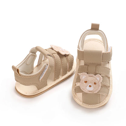 0-1Year Baby Shoes Infant Pre-Walker Shoes Cute Teddy Bear Pattern Summer Sandals Soft Sole Adjustable Strap Daily Footwear