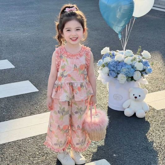 1Sets Girls Thin Flower Print Set Kids Summer Sleeveless Top And Long Pants Suit Baby Fashion Costume Cute Children Beach Sets