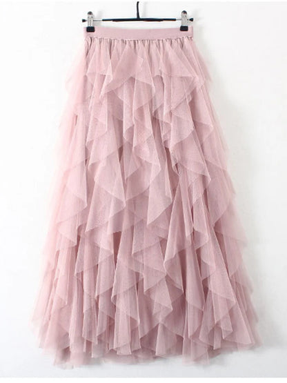 Tutu Tulle Long Maxi Skirt Women Fashion 2022 Korean Cute Pink High Waist Pleated Skirt Mesh Female Lady Aesthetic Faldas